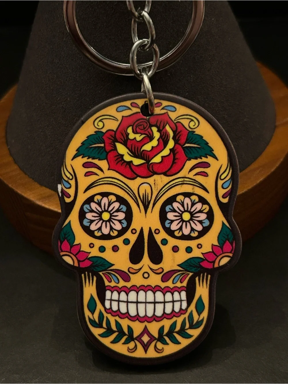 Colorful Floral Sugar Skull Acrylic Bag Charm Keychain in Assorted Colors NWT